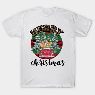 Merry christmas leopard buffalo plaid tree truck T-Shirt